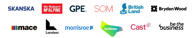 A group of logos from companies British Land, Landsec, GPE, Lendlease, Mace, Skanska UK, Sir Robert McAlpine, Morrisroe Group, SOM, Cast and Bryden Wood. 